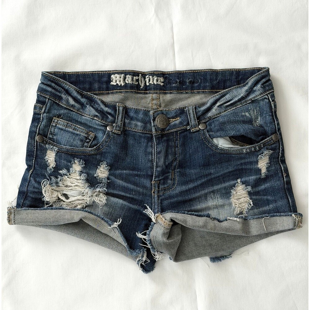 Machine Jeans Womens Blue Denim Shorts Stretch Distressed Size S Ripped